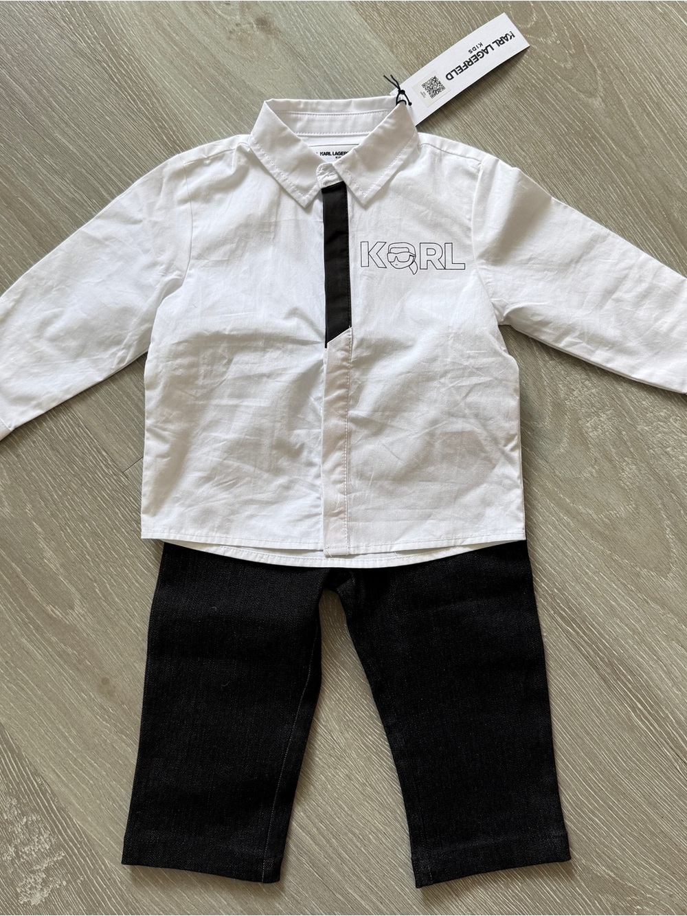 Karl Lagerfeld Kids White Button-Up with Black Trim & Waistband Black Jeans Set